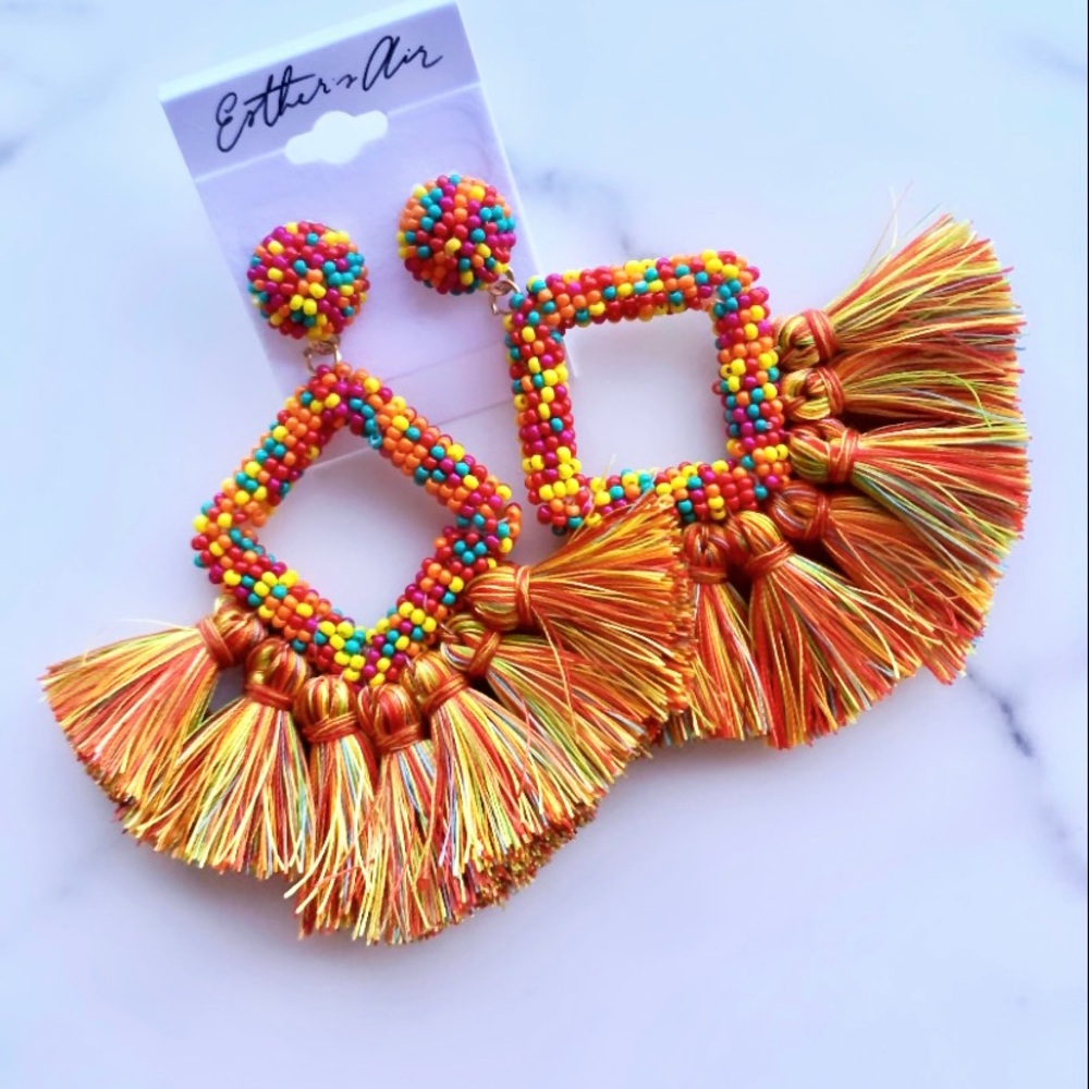 Rainbow Beaded Tassel Statement Earrings